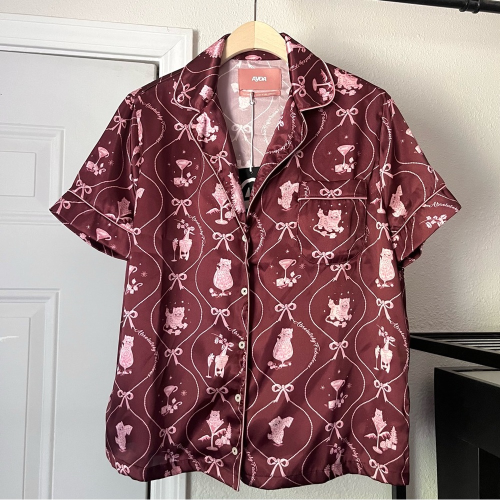 NWT AYDA maroon magenta burgundy satin cat bow sleep pajama button up shirt
